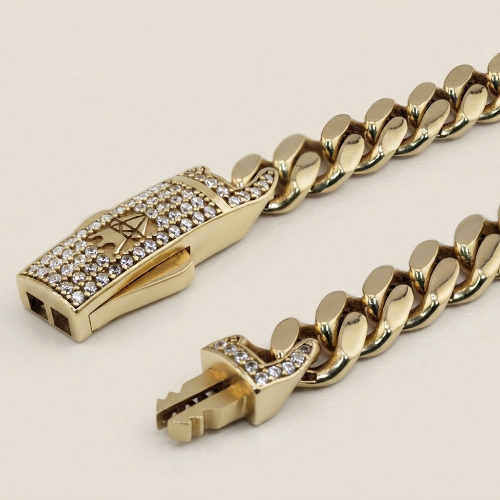 Pulsera Hueca Cubana con Circonias en Oro Amarillo de 14K