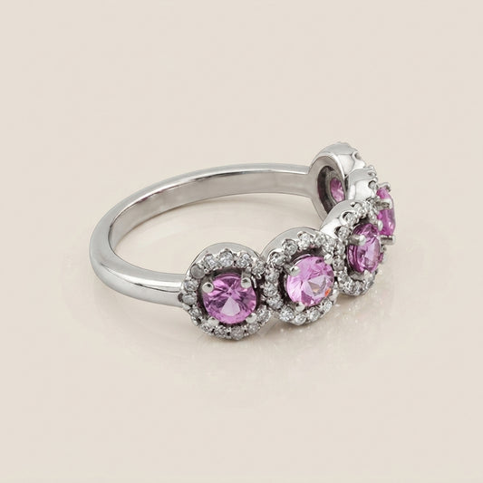 Churumbela Halo con Zafiros Rosa y Diamantes en Oro Blanco de 14K