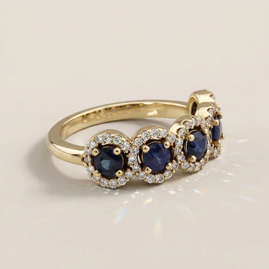 Churumbela Halo de Zafiros y Diamantes en Oro Amarillo de 14K