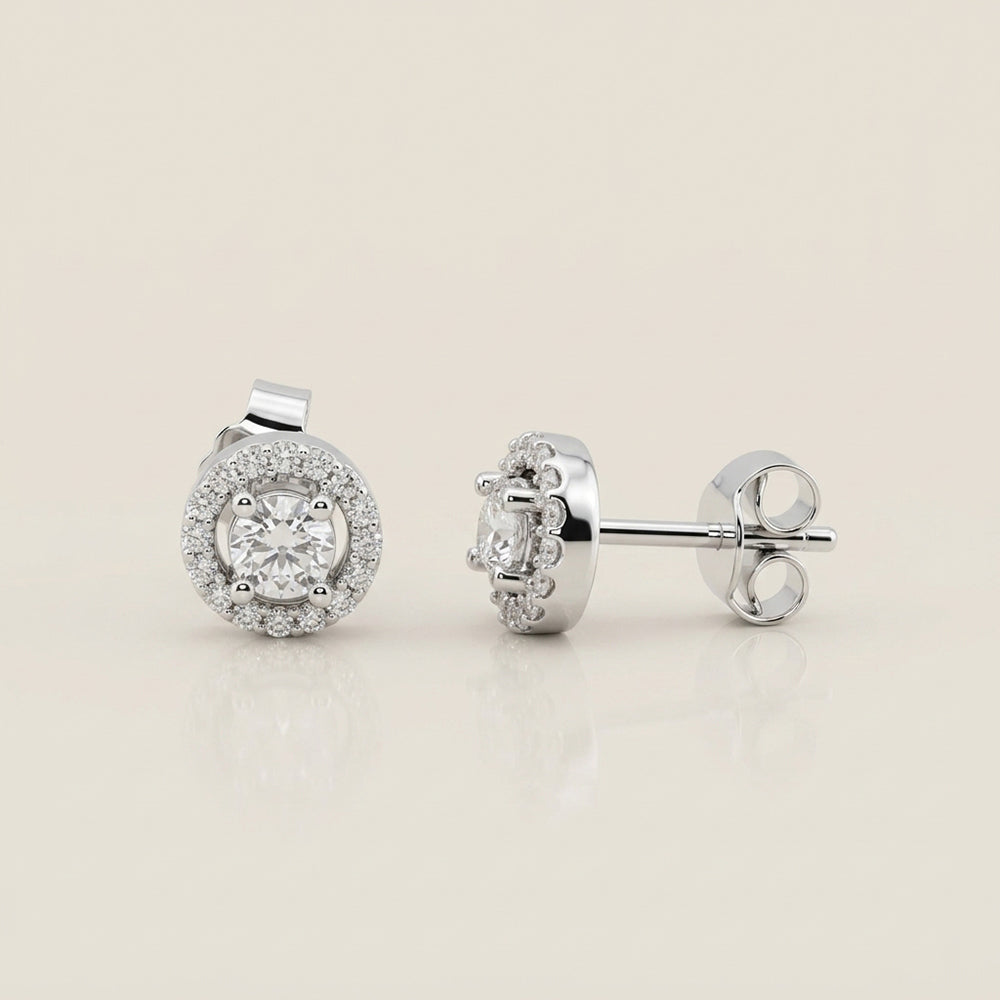 Broqueles Halo de Diamantes en Oro Blanco de 14K