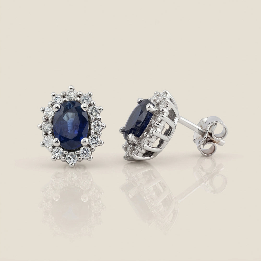 Aretes Lady D con Zafiros y Diamantes en Oro Blanco de 14K