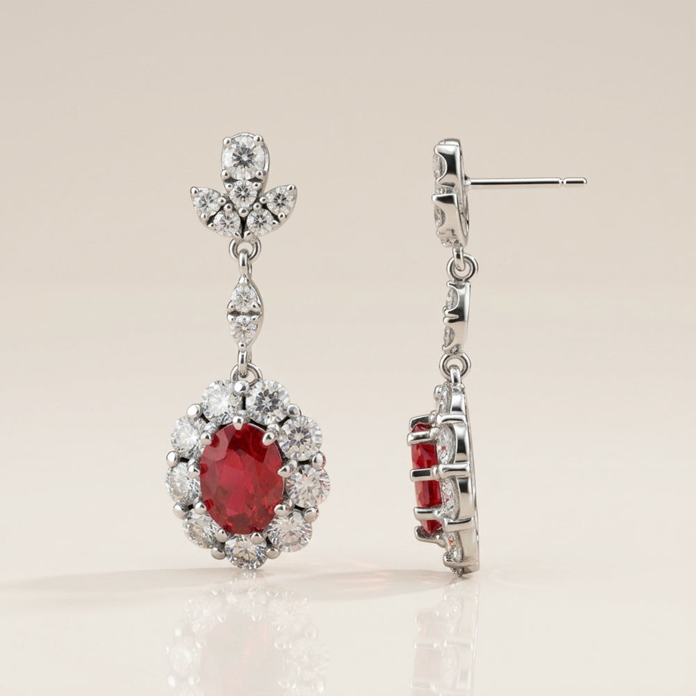 Aretes Largos Franceses de Rubí y Diamantes en Oro Blanco de 14K