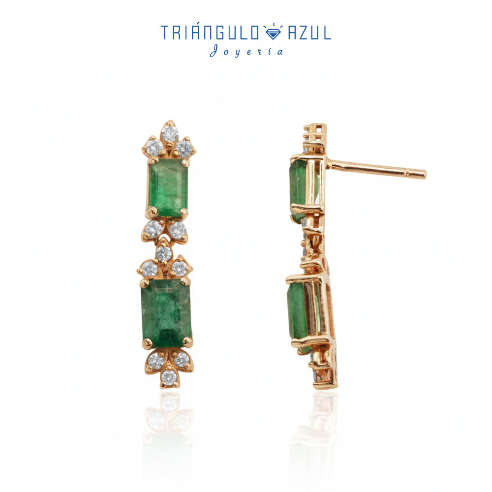 Aretes Largos de Esmeraldas con 2.43 CTS Total y Diamantes 0.46 CTS Total en Oro Amarillo de 14K