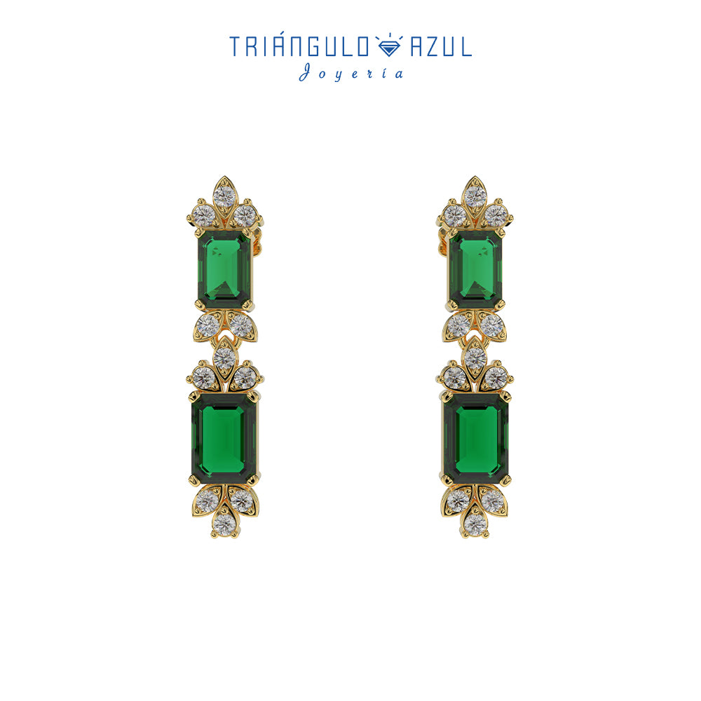 Aretes Largos de Esmeraldas 2.43 CTS y Diamantes 0.46 CTS en Oro Amarillo de 14K