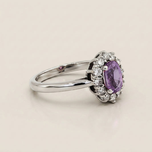 Lady D con Zafiro Rosa y Diamantes en Oro Blanco de 14K