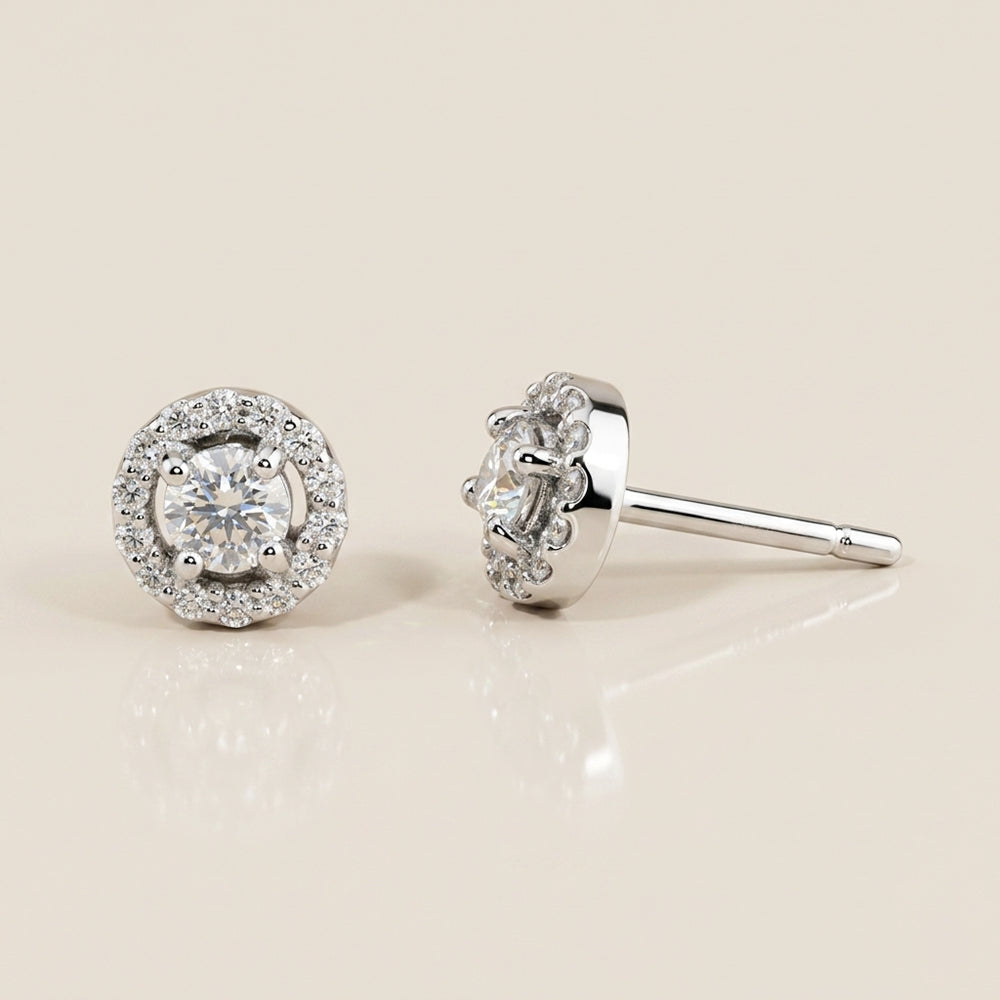 Broqueles Halo de Diamantes en Oro Blanco de 14K