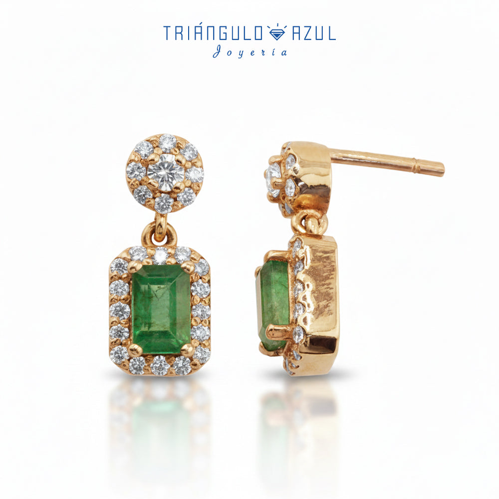 Aretes Andy de Esmeralda Colgantes con 1.30 CTS Total y Diamantes con 0.61 CTS Total en Oro Amarillo de 14K