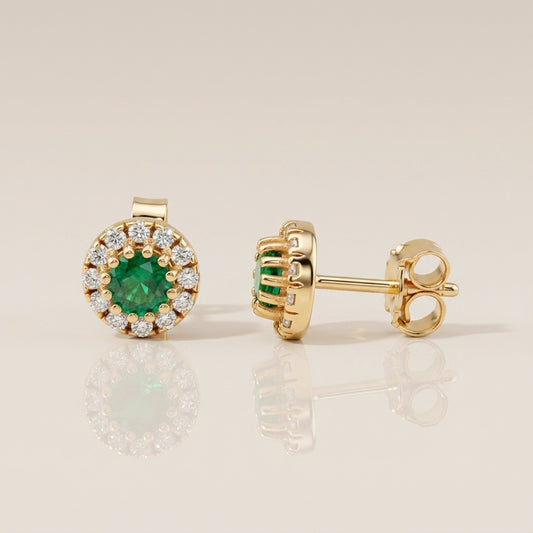 Broqueles de Esmeralda y Diamantes en Oro Amarillo de 14K