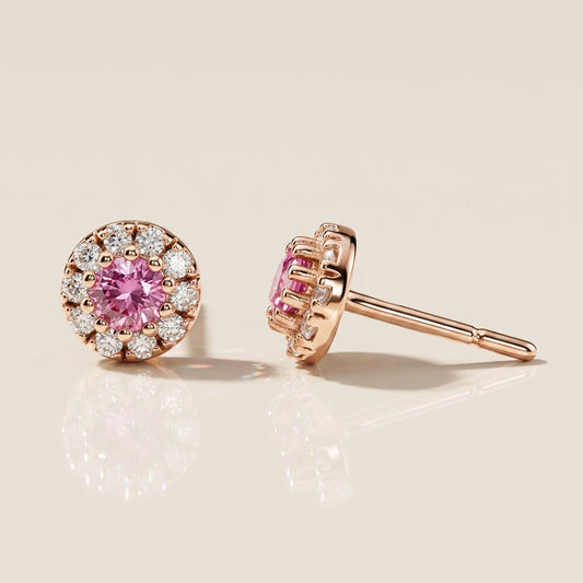 Broqueles de Zafiro Rosa y Diamantes en Oro Rosa de 14K