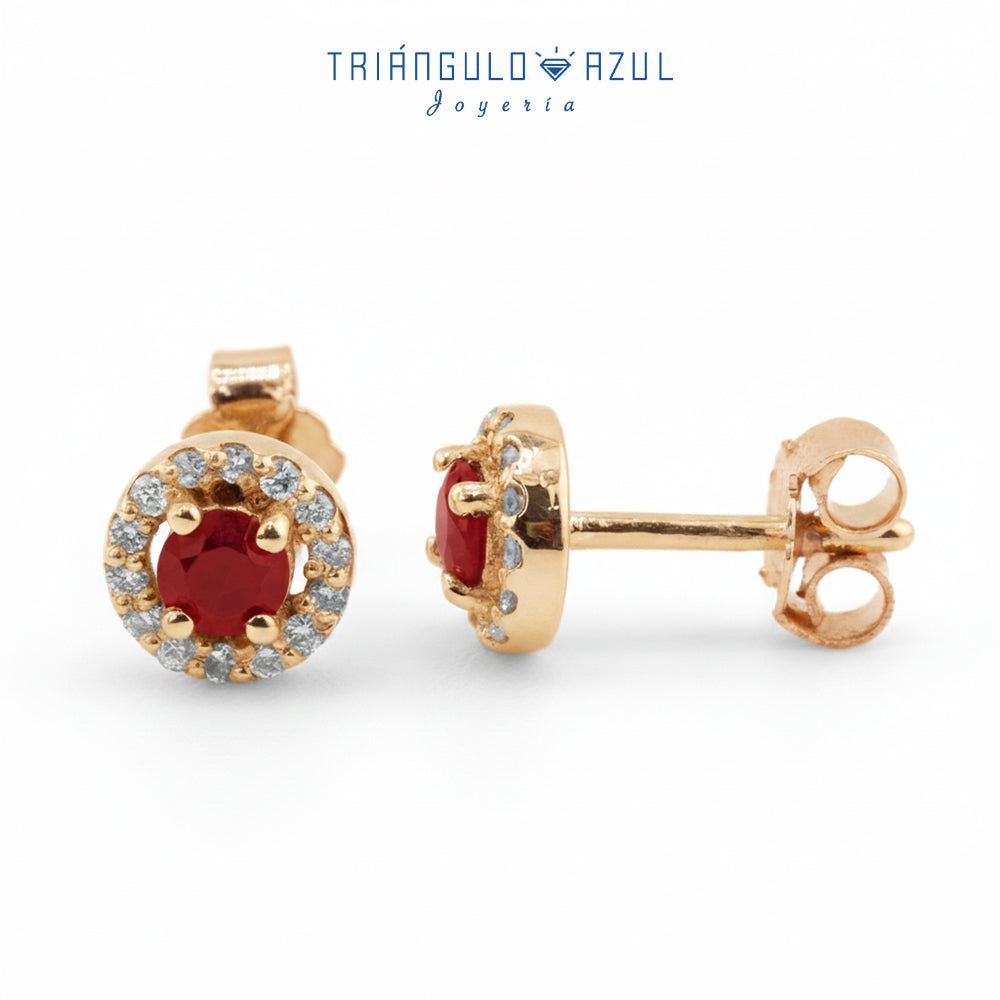 Aretes Halo con Rubíes con 0.40 CTS Total y Diamantes con 0.14 CTS Total en Oro Amarillo de 14K