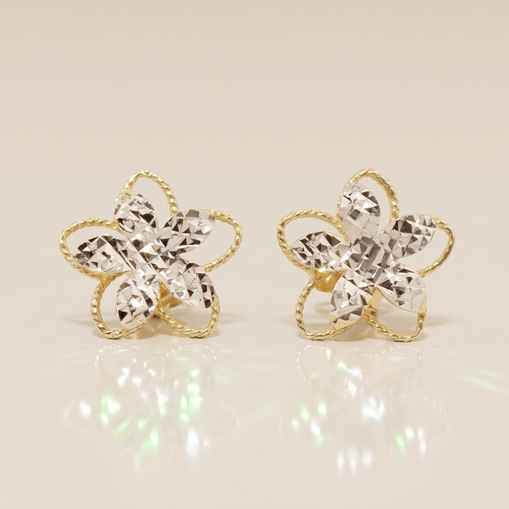 Aretes Flor Estrella en Oro Amarillo y Oro Blanco de 10K