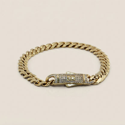 Pulsera Hueca Cubana con Circonias en Oro Amarillo de 14K