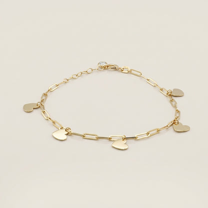 Pulsera Corazones Colgantes en Oro Amarillo de 14K