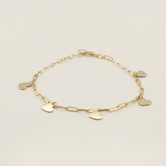 Pulsera Corazones Colgantes en Oro Amarillo de 14K