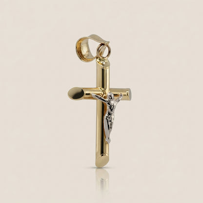 Dije Cruz Tubular con Cristo en Oro Amarillo de 14K