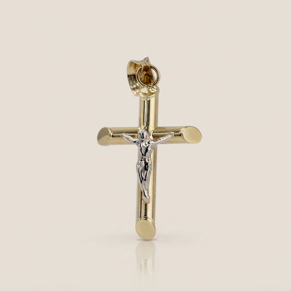 Dije Cruz Tubular con Cristo en Oro Amarillo de 14K
