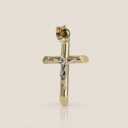 Dije Cruz Tubular con Cristo en Oro Amarillo de 14K