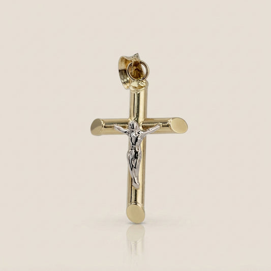 Dije Cruz Tubular con Cristo en Oro Amarillo de 14K