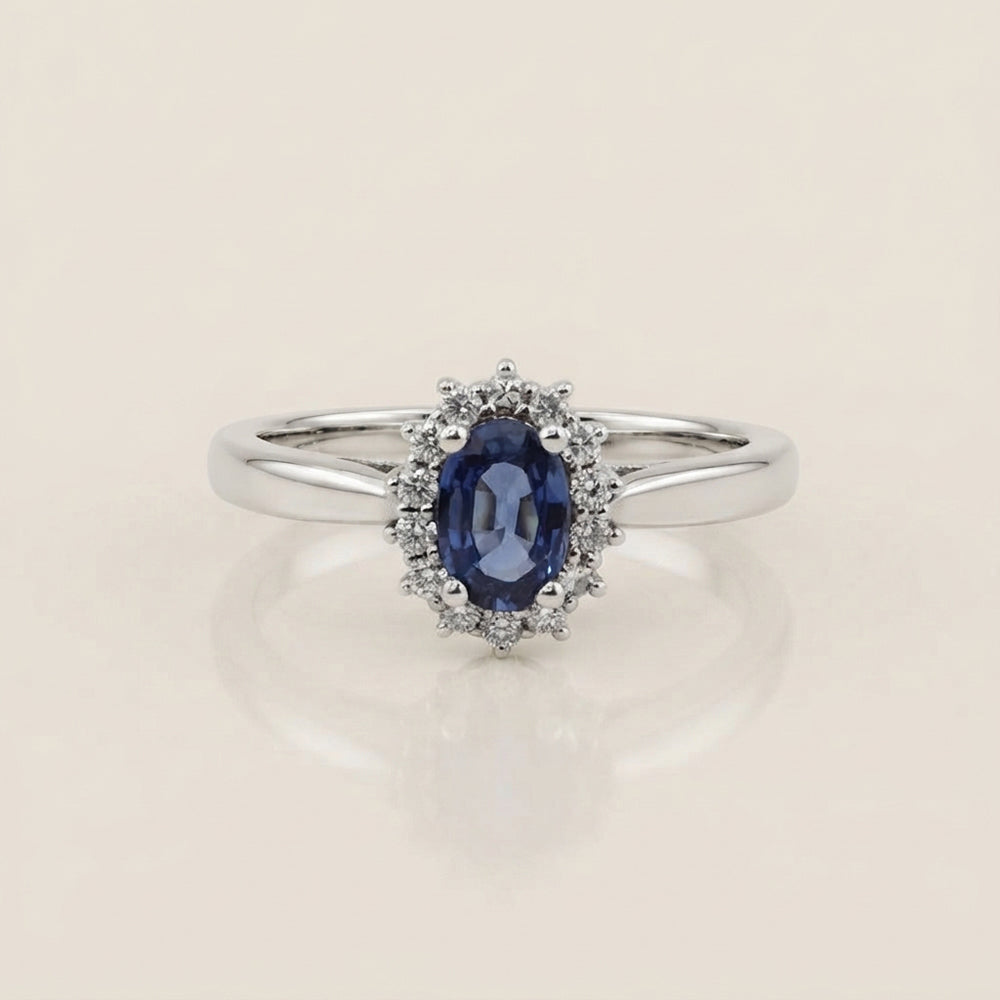 Lady D con Zafiro y Diamantes en Oro Blanco de 14K