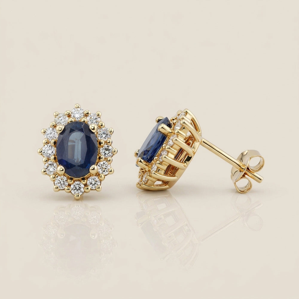 Aretes Lady D con Zafiros y Diamantes en Oro Amarillo de 14K