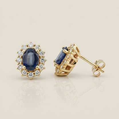 Aretes Lady D con Zafiros y Diamantes en Oro Amarillo de 14K