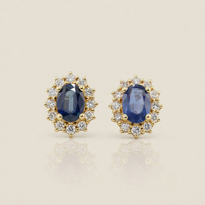 Aretes Lady D con Zafiros y Diamantes en Oro Amarillo de 14K