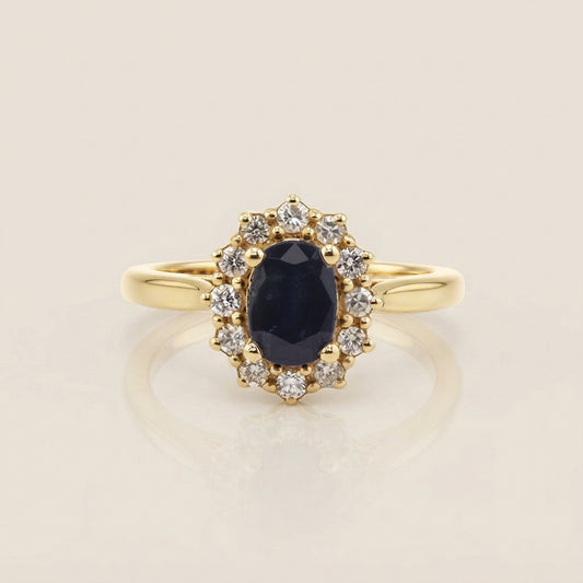 Lady D con Zafiro y Diamantes en Oro Amarillo de 14K