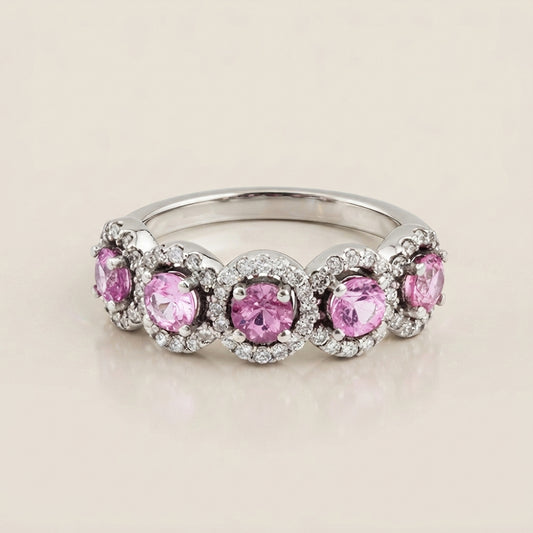 Churumbela Halo con Zafiros Rosa y Diamantes en Oro Blanco de 14K