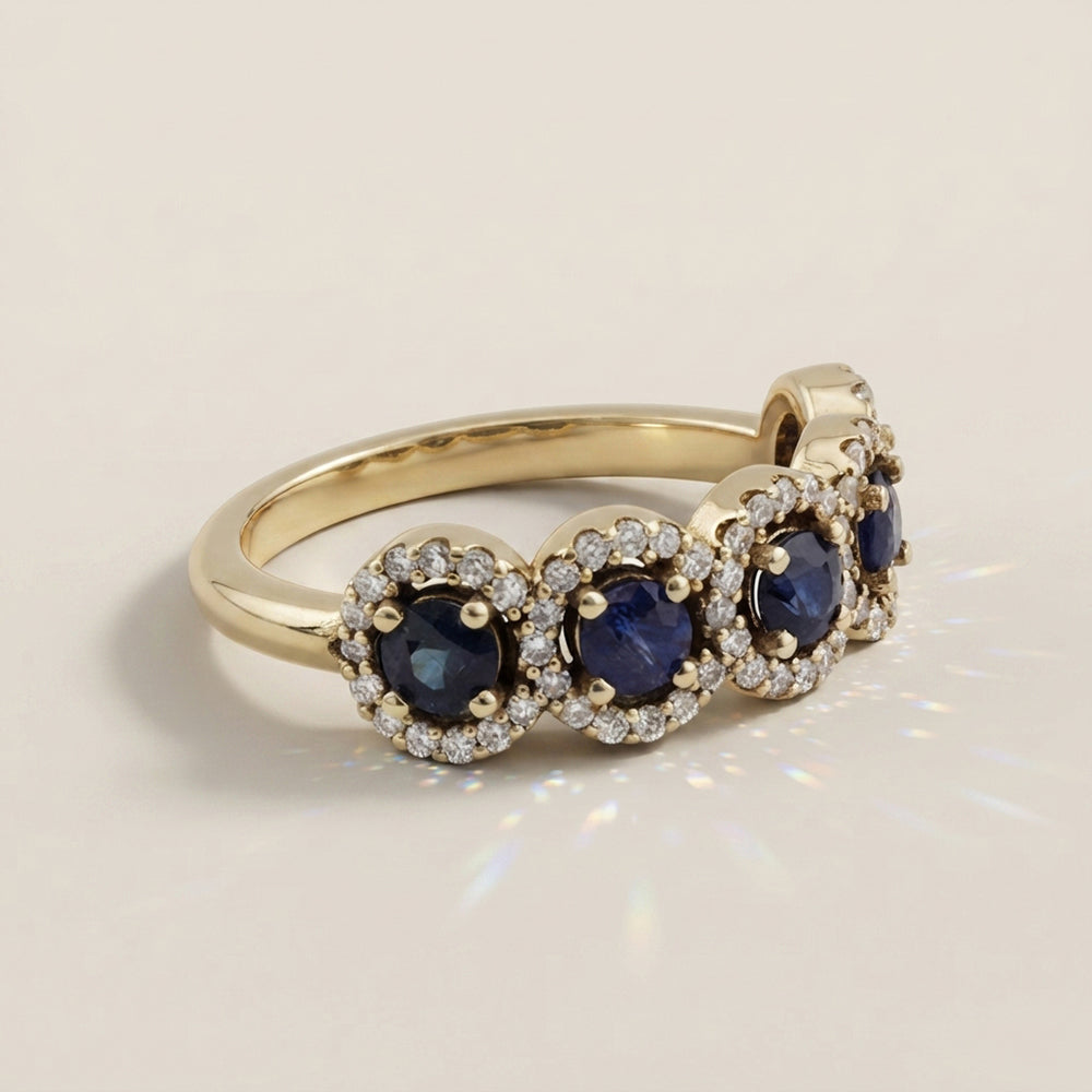 Churumbela Halo de Zafiros y Diamantes en Oro Amarillo de 14K