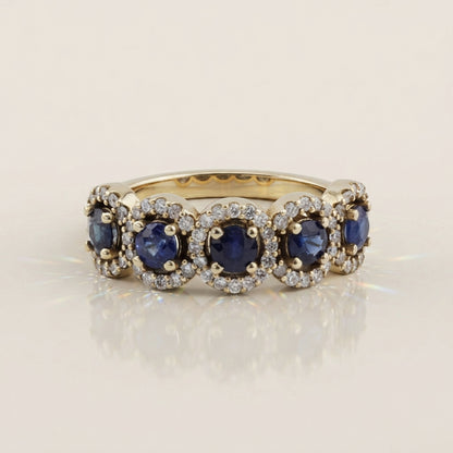 Churumbela Halo de Zafiros y Diamantes en Oro Amarillo de 14K