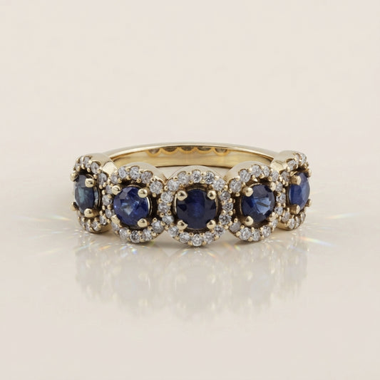 Churumbela Halo de Zafiros y Diamantes en Oro Amarillo de 14K