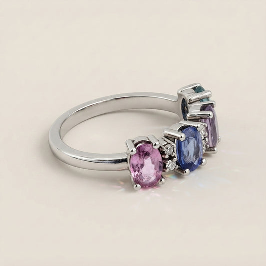 Churumbela Camila con Zafiros Multicolor y Diamantes en Oro Blanco de 14K