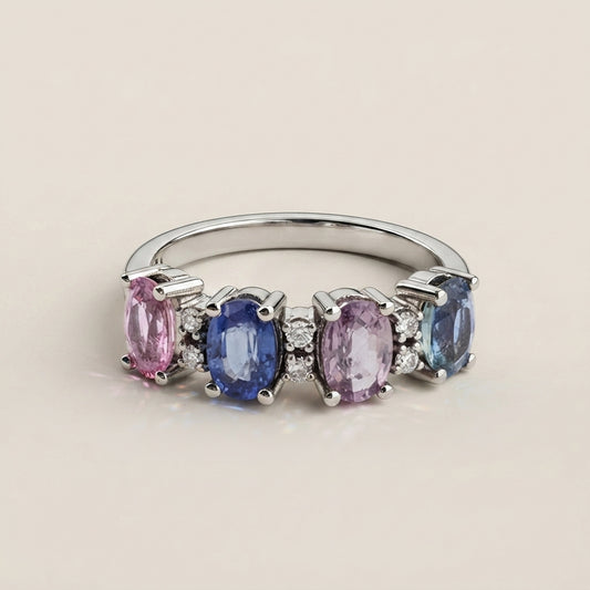 Churumbela Camila con Zafiros Multicolor y Diamantes en Oro Blanco de 14K
