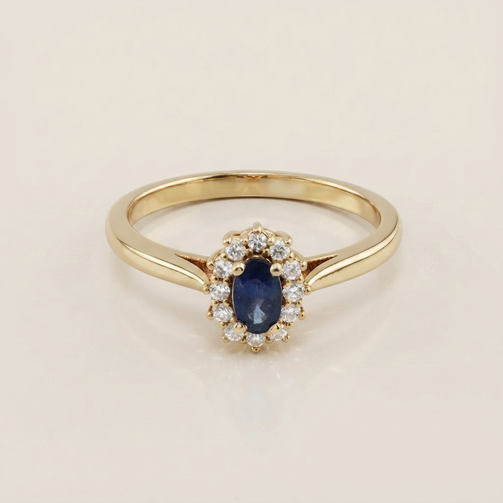 Lady D con Zafiro y Diamantes en Oro Amarillo de 14K
