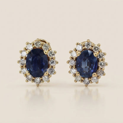 Aretes Lady D con Zafiros y Diamantes en Oro Amarillo de 14K