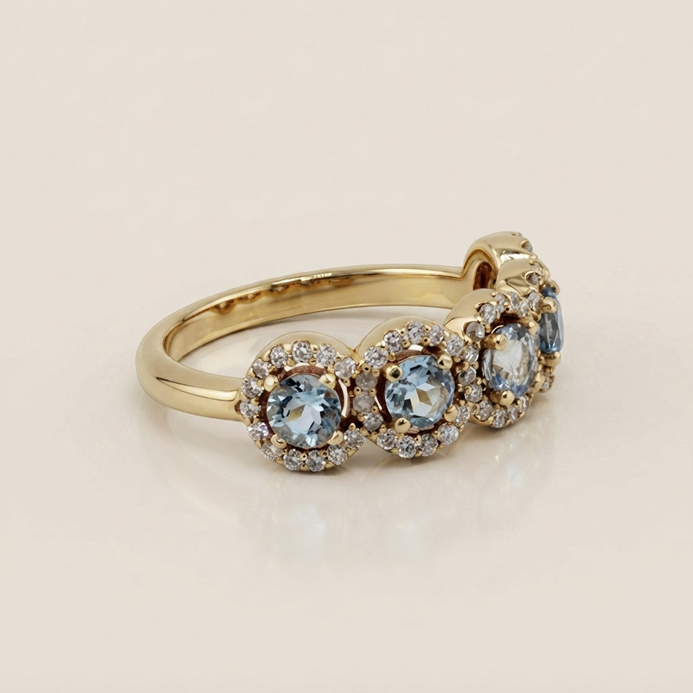 Churumbela Halo con Aquamarinas y Diamantes en Oro Amarillo de 14K