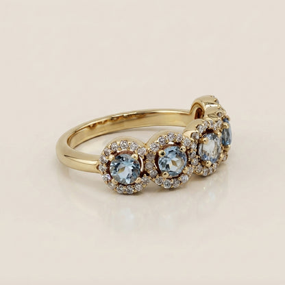 Churumbela Halo con Aquamarinas y Diamantes en Oro Amarillo de 14K