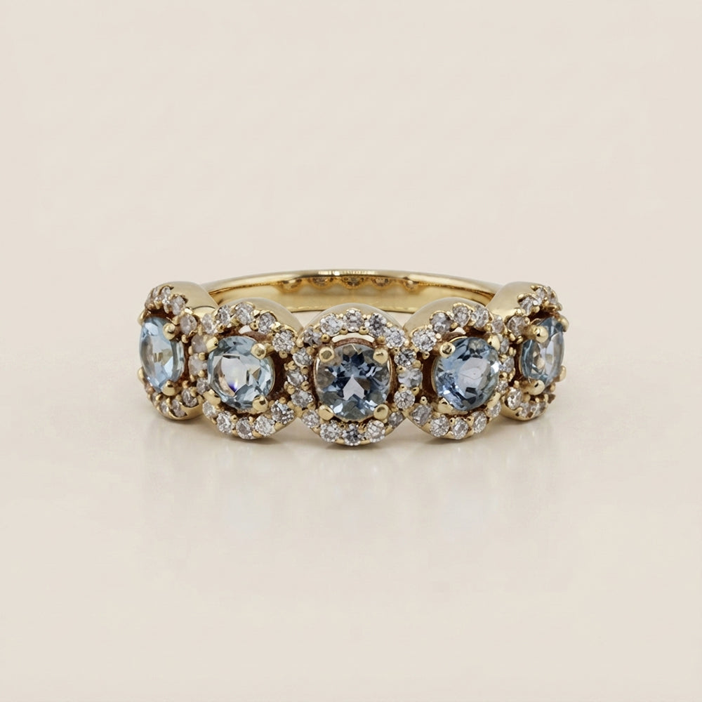 Churumbela Halo con Aquamarinas y Diamantes en Oro Amarillo de 14K