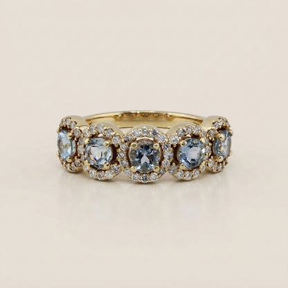 Churumbela Halo con Aquamarinas y Diamantes en Oro Amarillo de 14K