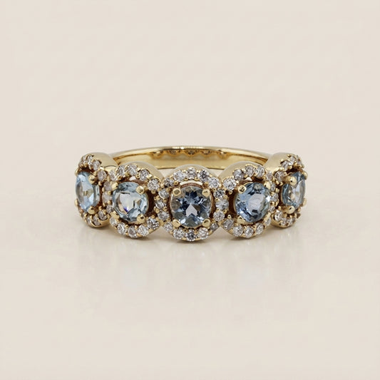 Churumbela Halo con Aquamarinas y Diamantes en Oro Amarillo de 14K