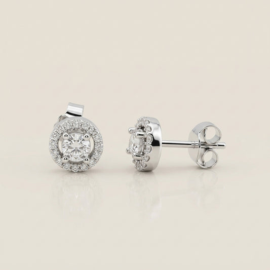 Broqueles Halo de Diamantes en Oro Blanco de 14K