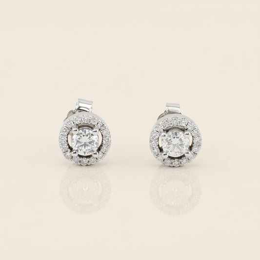 Broqueles Halo de Diamantes en Oro Blanco de 14K