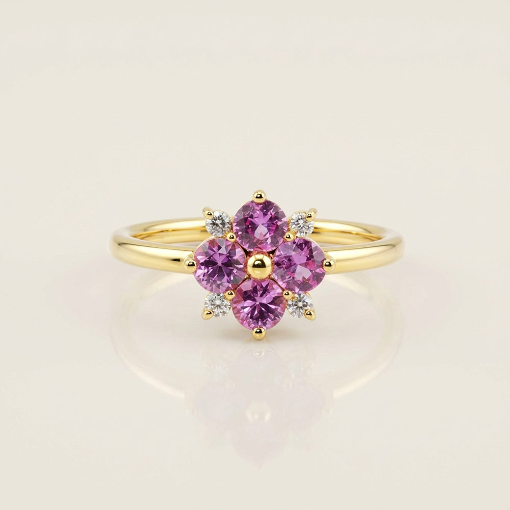 Anillo Flor Trébol con Zafiros Rosa y Diamantes en Oro Amarillo de 14K