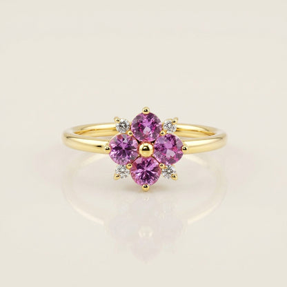 Anillo Flor Trébol con Zafiros Rosa y Diamantes en Oro Amarillo de 14K