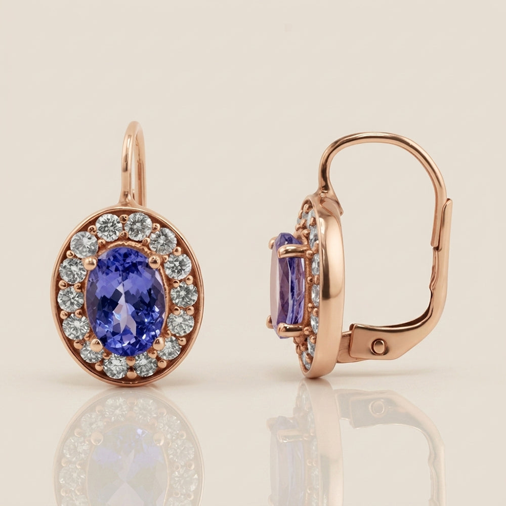 Aretes de Tanzanita y Diamantes en Oro Rosa de 14K