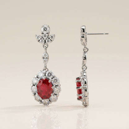 Aretes Largos Franceses de Rubí y Diamantes en Oro Blanco de 14K