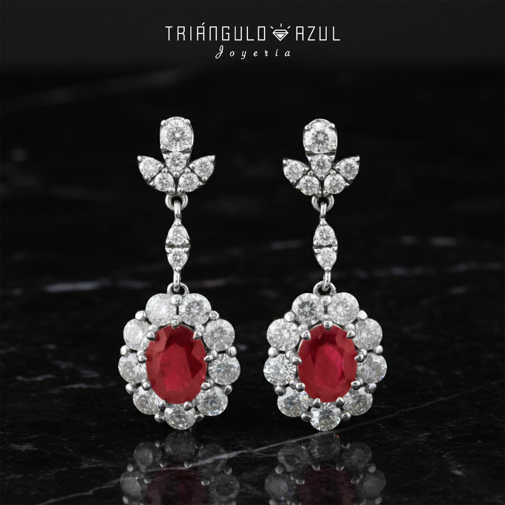 Aretes Largos Franceses de Rubí con 4.13 CTS y Diamantes con 3.14 CTS en Oro Blanco de 14K