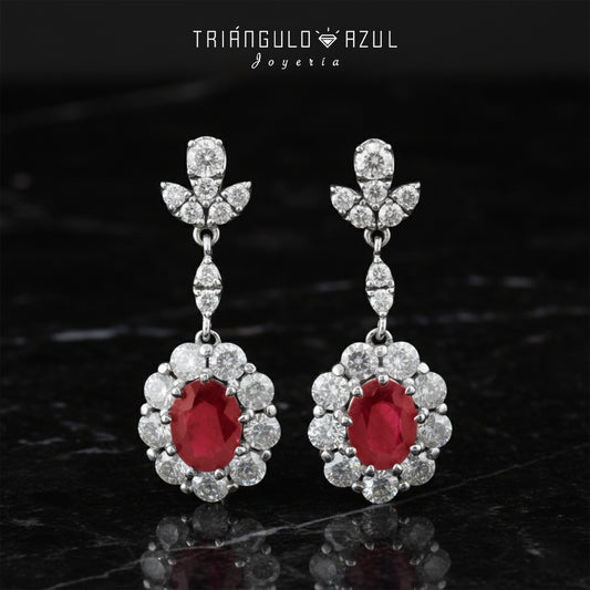 Aretes Largos Franceses de Rubí con 4.13 CTS y Diamantes con 3.14 CTS en Oro Blanco de 14K