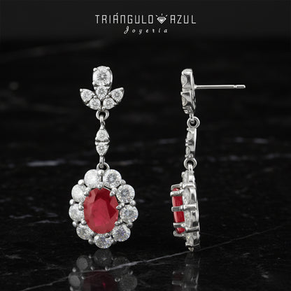 Aretes Largos Franceses de Rubí con 4.13 CTS y Diamantes con 3.14 CTS en Oro Blanco de 14K