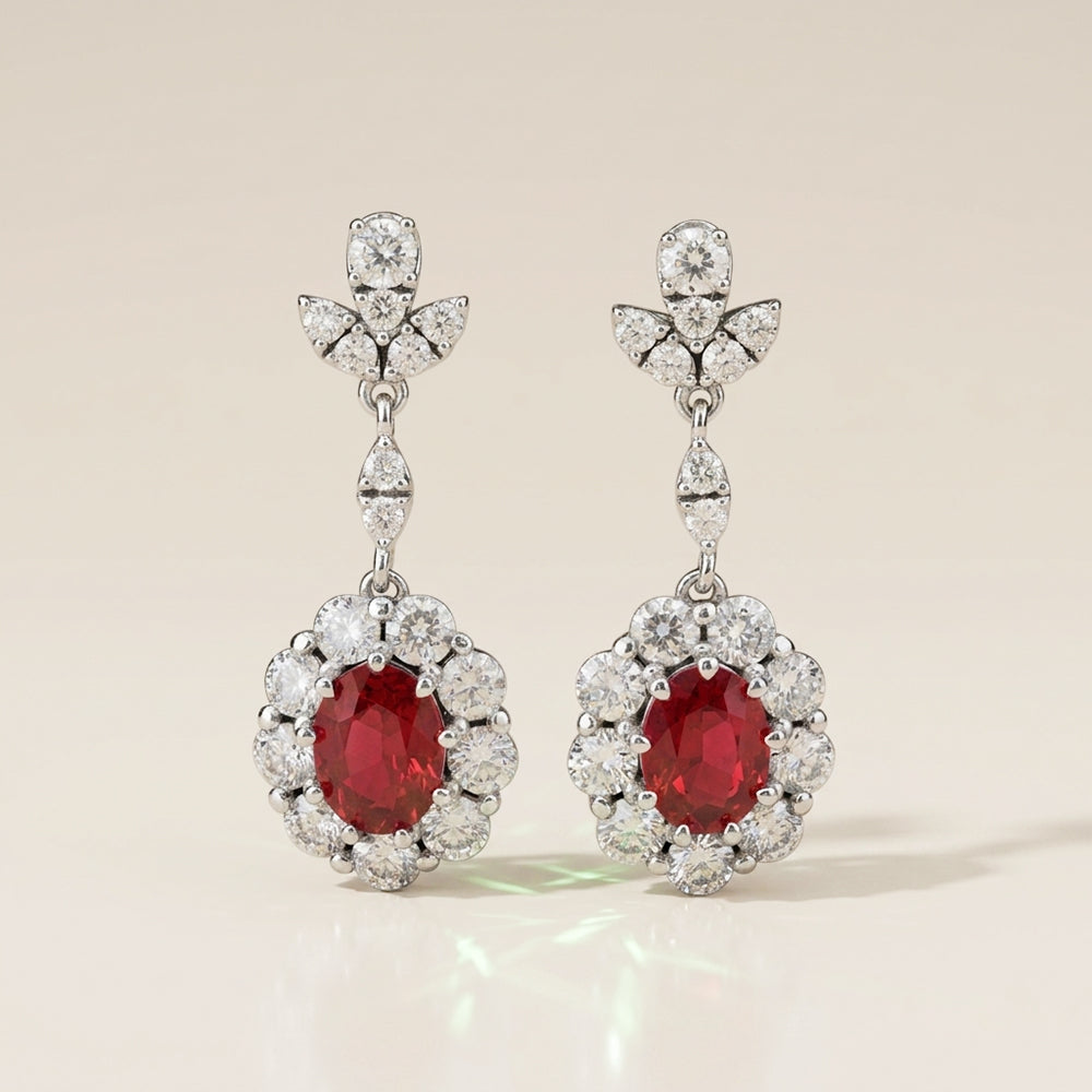Aretes Largos Franceses de Rubí y Diamantes en Oro Blanco de 14K